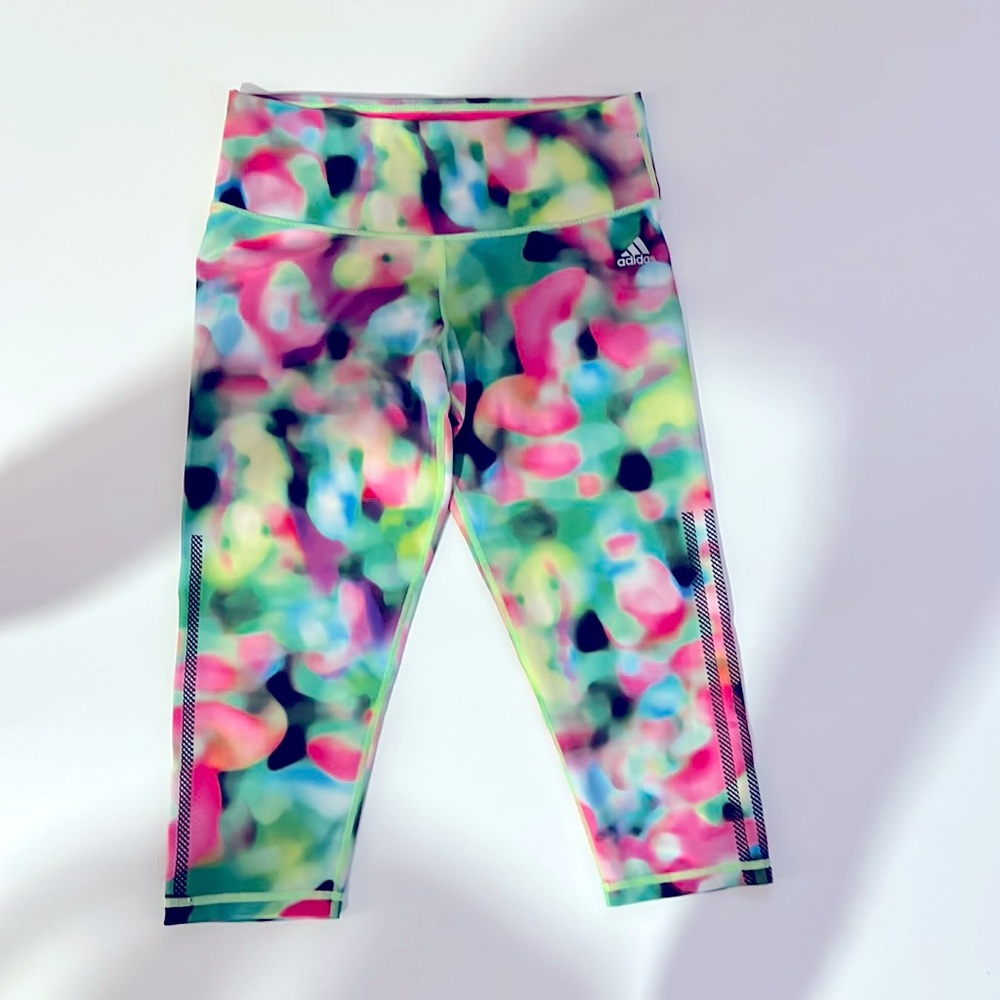 Adidas festival yoga pant, bright neon colors, 3 stripes and size Medium